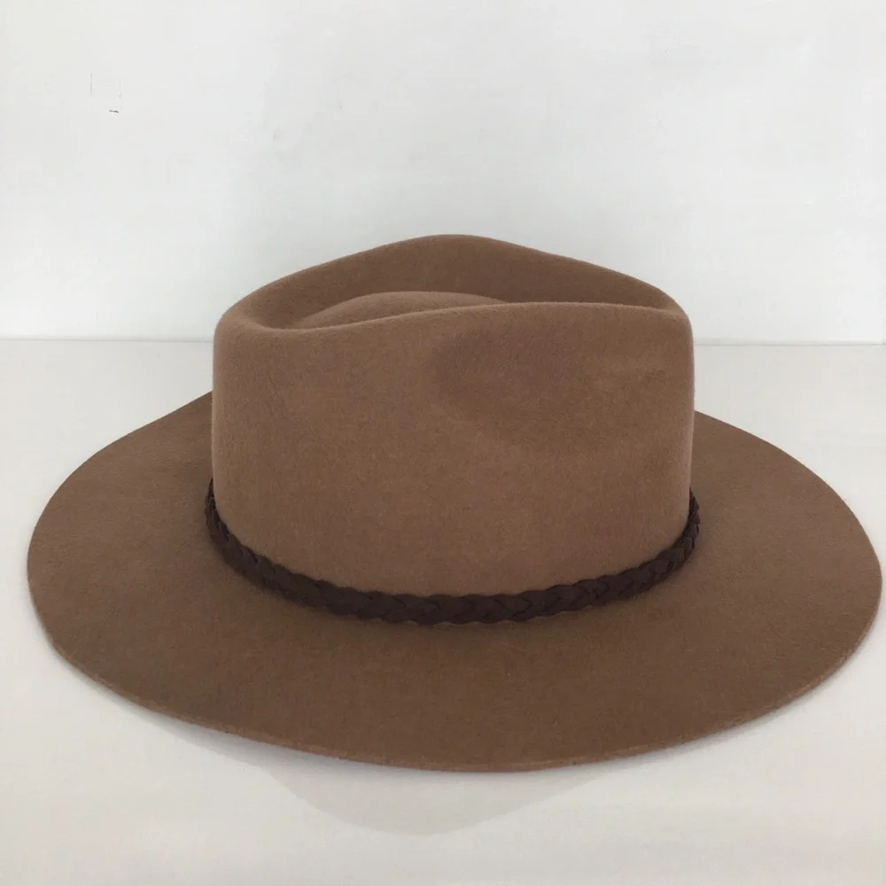 Banana Republic Boho Wool Felt Hat Tan Dark Brown Braided Leather Hat Band